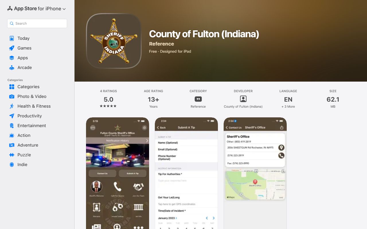 Fulton County jail mugshots app listing for County of Fulton Indiana