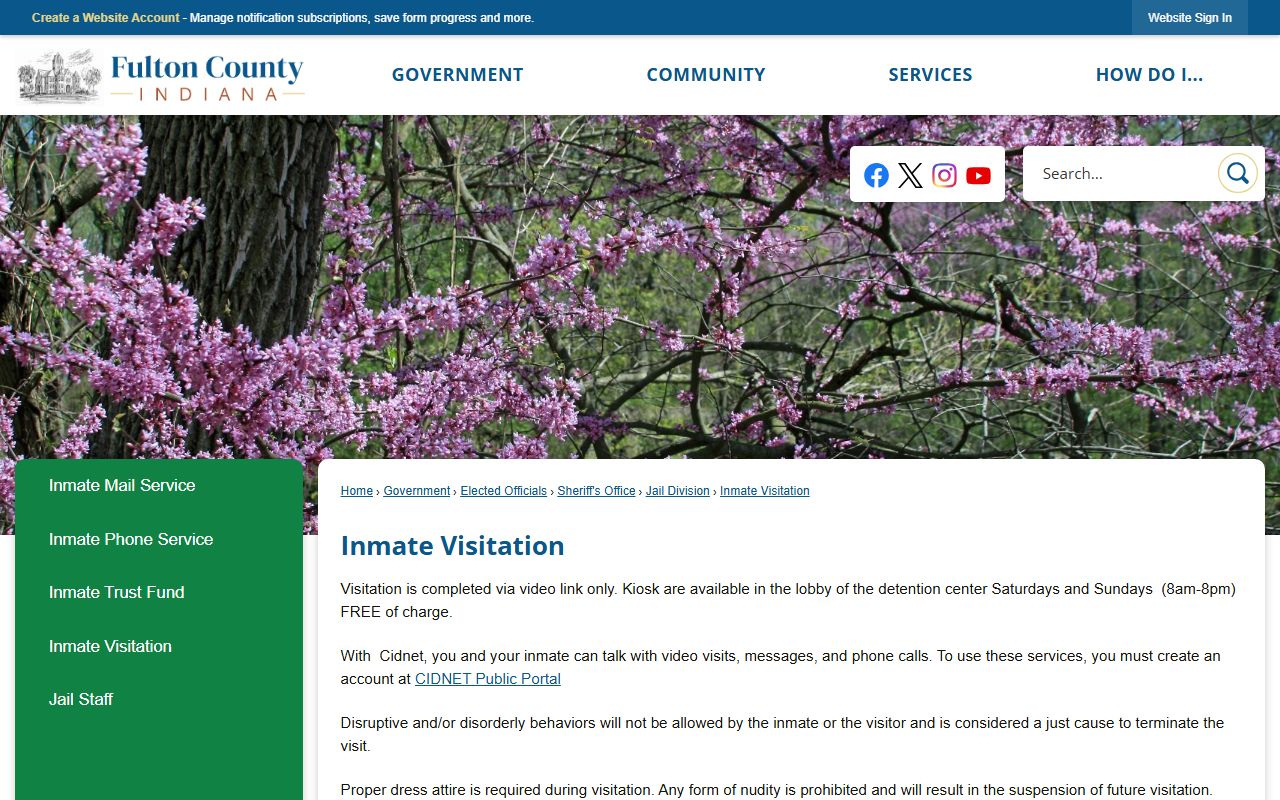 Fulton County Jail inmate visitation page with video visitation rules